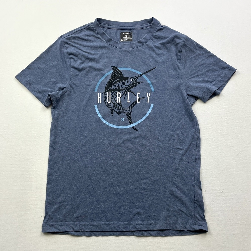 Hurley Men's Small Blue Graphic Marlin Fish Logo Surf Skate Casual T-Shirt Top